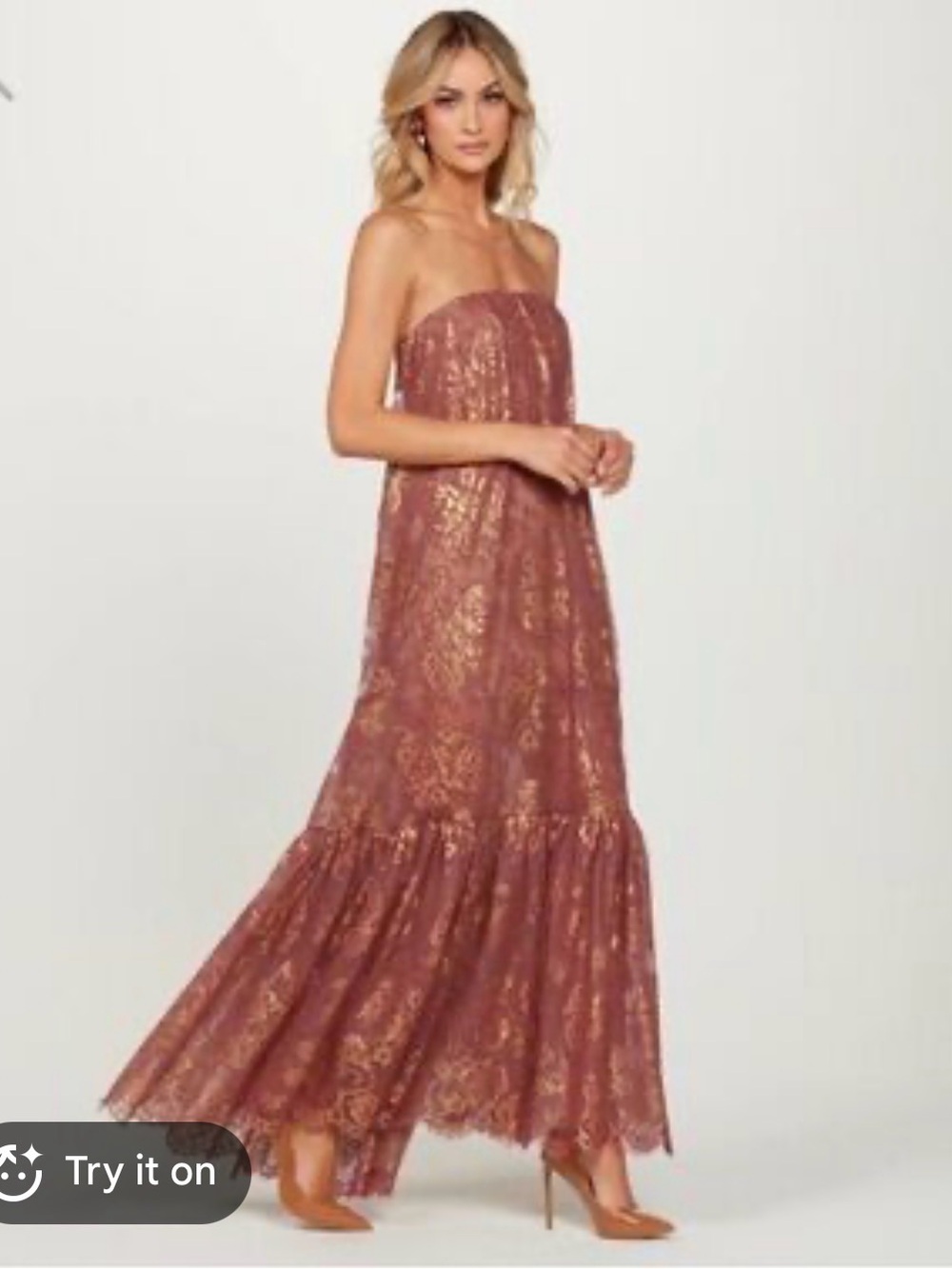 Strapless Floral Lace Maxi Dress in Mauve with Gold Accents